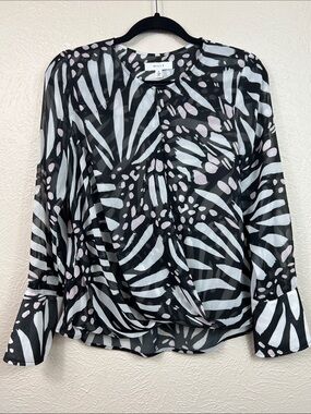 Milly Black & White Print Long Sleeve Sheer Wrap High Low Hem Blouse Medium